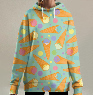 Яркий летний десерт вафельный рожок с мороженым все летние дни, Hoodie Long Oversize 3D