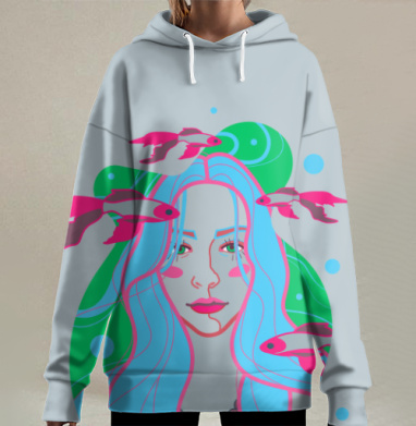 Яркая девушка голубыми волосами среди розовых рыбок, Hoodie Long Oversize 3D