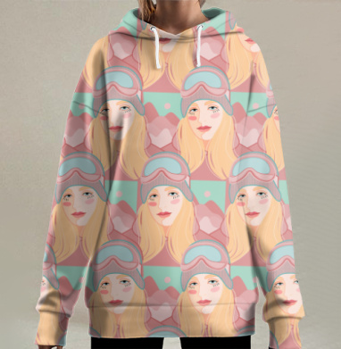 Девушка лыжница в шапке и очках на фоне гор, Hoodie Long Oversize 3D