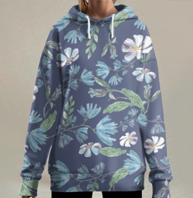 Нежный бесшовный акварельный цветочный узор, Hoodie Long Oversize 3D