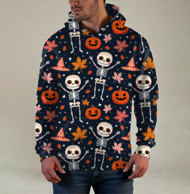 Веселый танцующий скелет и тыква / Happy skeleton and pumpkin Halloween, Худи / Мужская / С карманом / 3D