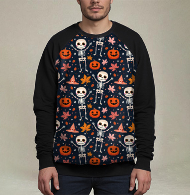 Веселый танцующий скелет и тыква / Happy skeleton and pumpkin Halloween, Свитшот мужской 3D / хлопок