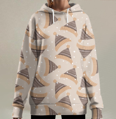 Зимние шапки с помпонами бежевый коричневый теплый оттенок, Hoodie Long Oversize 3D