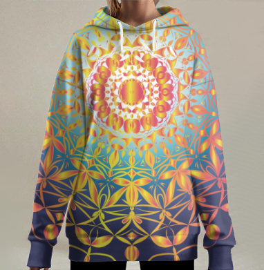 Яркий кружевной орнамент с оранжево-желтым сиянием на синем фоне, Hoodie Long Oversize 3D