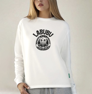 Милая фигурка Лабубу в платье черная графика Labubu персонаж игрушка, Футболка лонгслив женская белая
