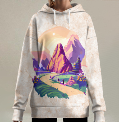 Цифровой пейзаж «Путь героя» в стиле synthwave, Hoodie Long Oversize 3D