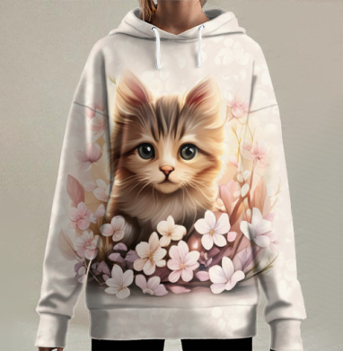 Милый котёнок и цветы, Hoodie Long Oversize 3D
