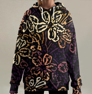 Цветение абстрактных цветов в тёмных оттенках на поверхности, Hoodie Long Oversize 3D
