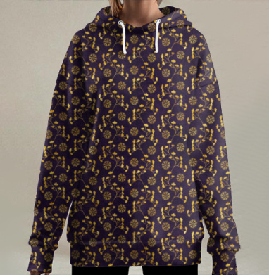 Золотые ветви и снежинки на пурпурном фоне снежинки, Hoodie Long Oversize 3D
