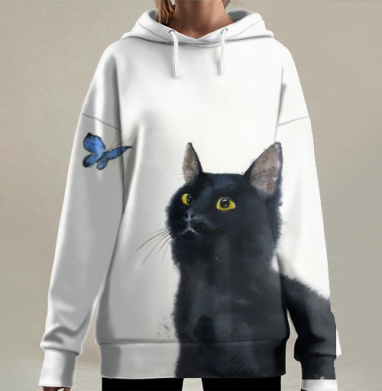 Черный кот и бабочка, Hoodie Long Oversize 3D