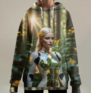 Женщина робот в природе Светлые волосы Желтые цветы, Hoodie Long Oversize 3D