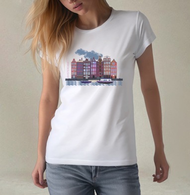 Вечерние дома Амстердама Amsterdam houses на фоне ночного города, Футболка женская белая 180гр