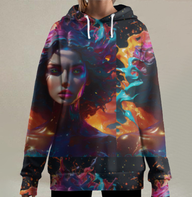 Яркий сюрреалистичный портрет женщины с красками на темном фоне, Hoodie Long Oversize 3D