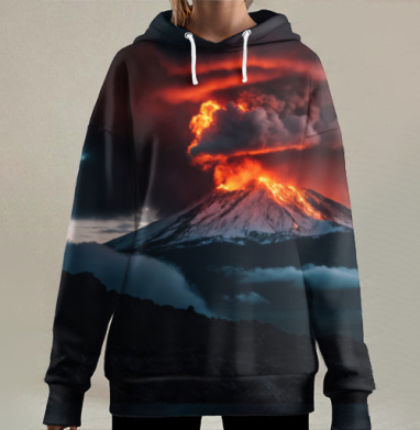 Вулканическое извержение с яркой лавой и дымом извержения вулкана, Hoodie Long Oversize 3D