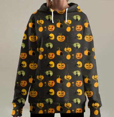 Оранжевые тыквы с черными котами осенний ночной мотив, Hoodie Long Oversize 3D