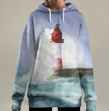 Маяк в шторме с парящей чайкой акварелью, Hoodie Long Oversize 3D