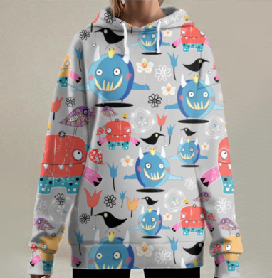 Яркие монстры среди цветов гуляют весело там, Hoodie Long Oversize 3D