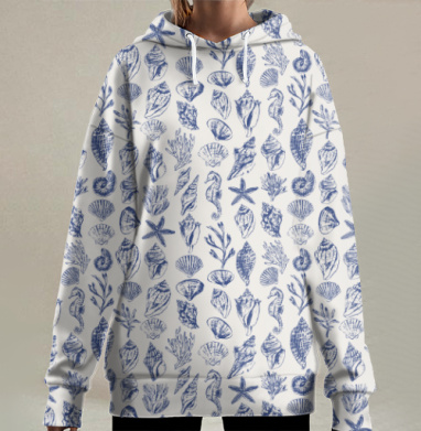 Элегантный морской принт с ракушками и водорослями для летней коллекции, Hoodie Long Oversize 3D