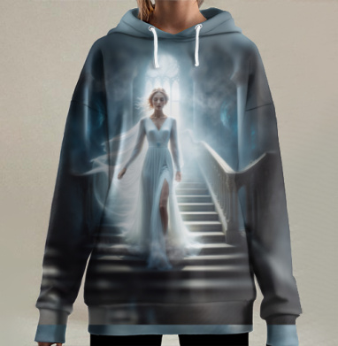 Девушка в белом платье на лестнице Спускаясь к свету, Hoodie Long Oversize 3D