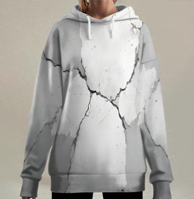 Структурные глубокие серые трещины текстуры белого, Hoodie Long Oversize 3D