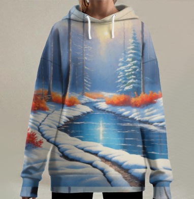 Зимний пейзаж с рекой в лесу и яркими кустами, Hoodie Long Oversize 3D