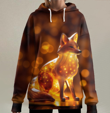 Светящаяся лиса в теплых оттенках вечером фонари свет, Hoodie Long Oversize 3D