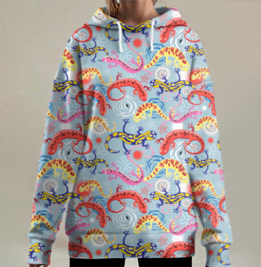 Яркие саламандры и гекконы в движении, Hoodie Long Oversize 3D