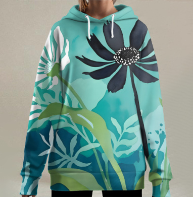 Modern Teal Floral Composition / Абстрактная бирюзовая цветочная композиция, Hoodie Long Oversize 3D