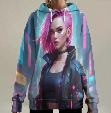Розовая киберпанк девушка на фоне ночного города, Hoodie Long Oversize 3D