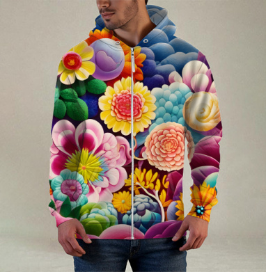 Яркие цветы в волшебном саду, Толстовка мужская на молнии 3Д полная запечатка