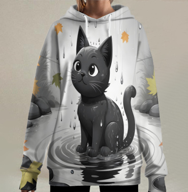 Черный кот в осеннем дожде, сидящий в луже, Hoodie Long Oversize 3D
