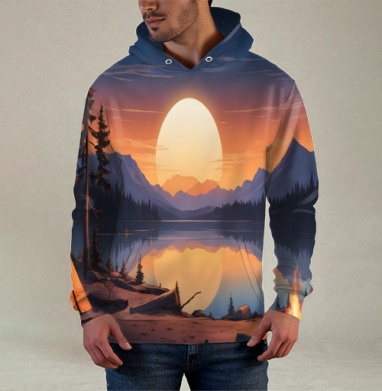 Nature adventures at the mountain lake sunset / Поход к горному озеру на закате, Худи / Мужская / С карманом / 3D