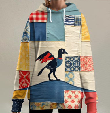 Теплый лоскутный пэчворк с птицей на холме, Hoodie Long Oversize 3D