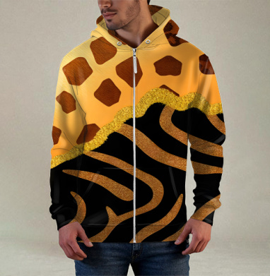 Golden animal print / Золотой анималистичный паттерн зебры и жирафа, Толстовка мужская на молнии 3Д полная запечатка