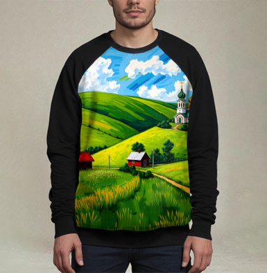 Village Summer Landscape - Летний сельский пейзаж с золотыми куполами церкви, Свитшот мужской 3D / хлопок