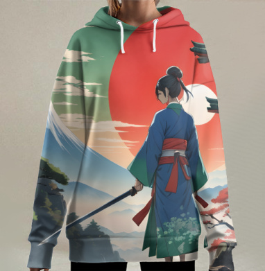 Самурай у горы Фудзи с мечом на закате уединенного достоинства, Hoodie Long Oversize 3D