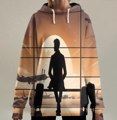 Человек ждет у окна в аэропорту закат, самолеты взлетают, Hoodie Long Oversize 3D