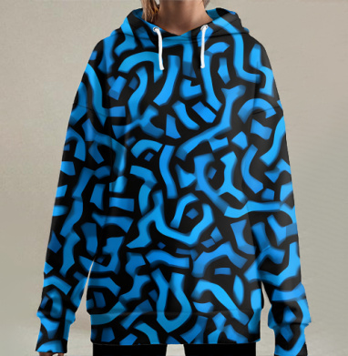 Абстрактный синий узор на черном фоне, Hoodie Long Oversize 3D