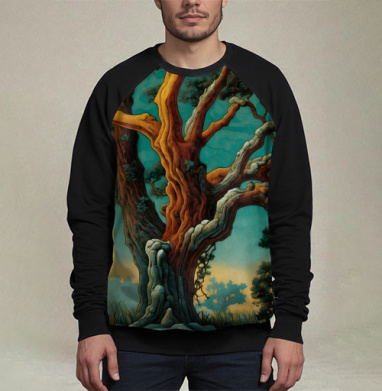 Golden tree in turquoise forest / Золотое дерево в бирюзовом лесу, Свитшот мужской 3D / хлопок