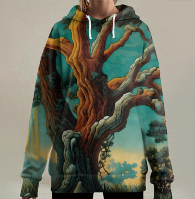 Golden tree in turquoise forest / Золотое дерево в бирюзовом лесу, Hoodie Long Oversize 3D