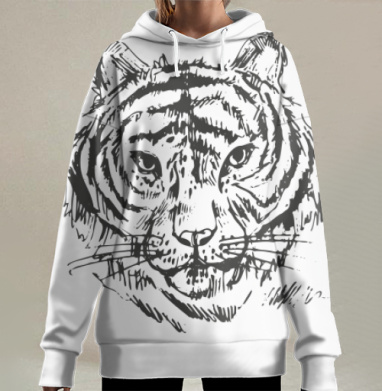 Могучий хищник тигр рисунок дикой природы, Hoodie Long Oversize 3D
