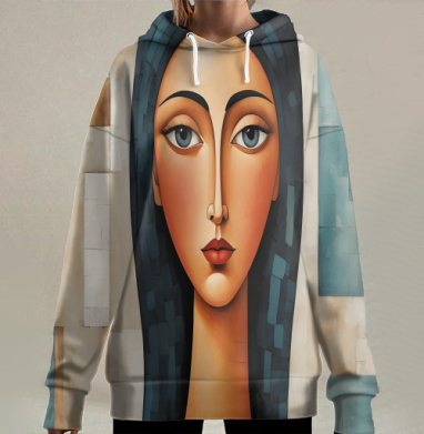 Загадочная женщина в стиле модерн Mysterious Woman портрет синие глаза, Hoodie Long Oversize 3D