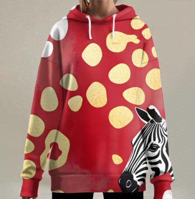 Зебра в окружении золотых пятен жирафа на красном фоне / Zebra among gold spots, Hoodie Long Oversize 3D