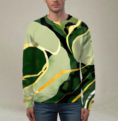 Золотые изгибы на зеленом анималистичном фоне / Golden curves on green animal background, Свитшот мужской 3D