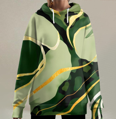 Золотые изгибы на зеленом анималистичном фоне / Golden curves on green animal background, Hoodie Long Oversize 3D