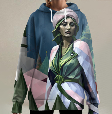 Девушка в зелено-розовых тонах, Hoodie Long Oversize 3D