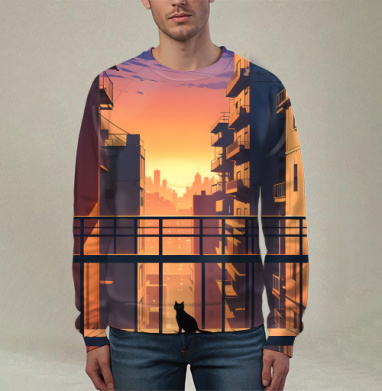 Silhouette Cat Watching City Sunset Силуэт кота смотрящего на закат города, Свитшот мужской 3D