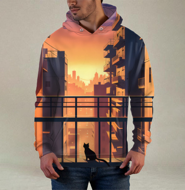 Silhouette Cat Watching City Sunset Силуэт кота смотрящего на закат города, Худи / Мужская / С карманом / 3D