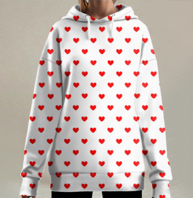 Минималистичный праздничный паттерн с яркими красными сердечками, Hoodie Long Oversize 3D