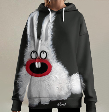 Сюрреалистичный кролик в шоке с ярко-красными губами, Hoodie Long Oversize 3D
